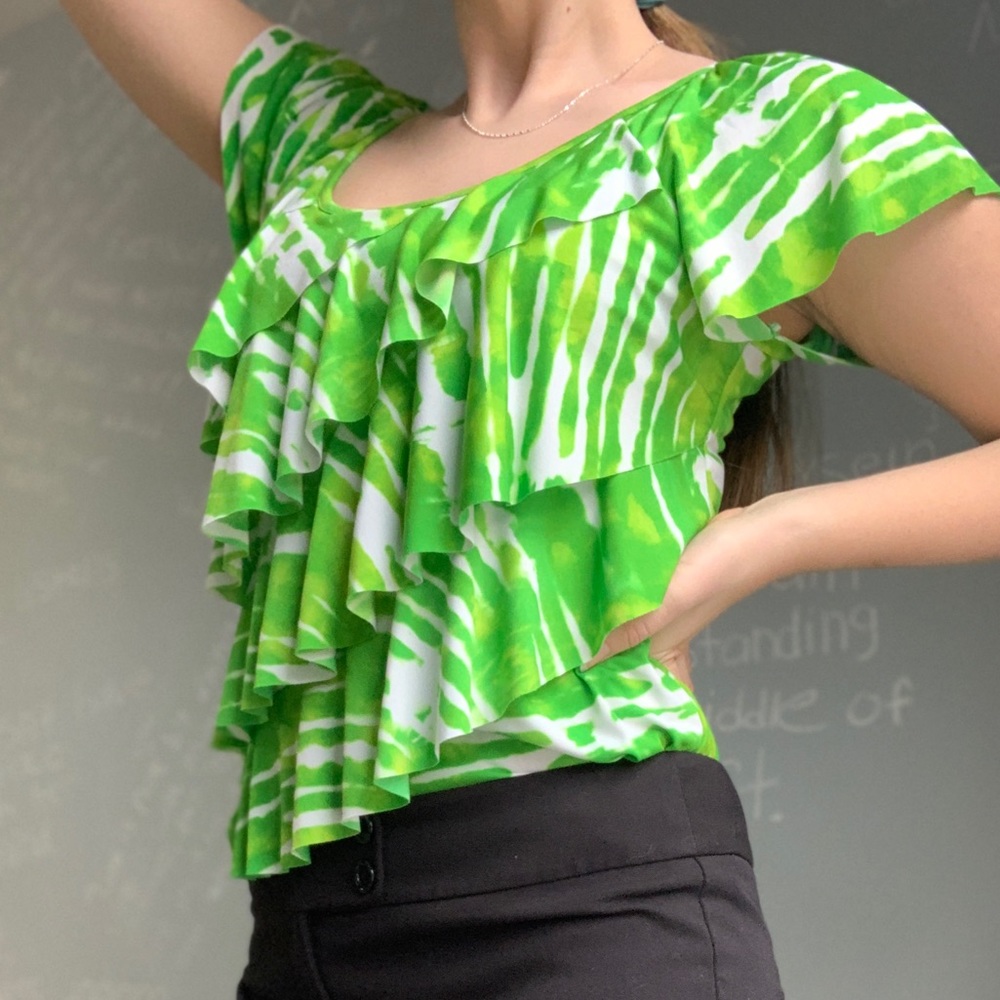 Green and white polyester blouse with ruffles